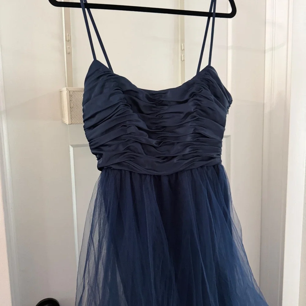 Hutch Toni Navy Blue Tulle Tiered Maxi Dress Ruched Bodice Formal Gown Size 4 - Picture 3 of 8